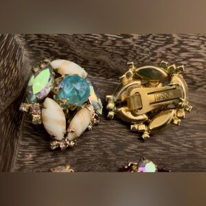 True Vintage HOBE Earrings Aqua Center, Mermaid+Gold-Stippled MilkGlass Marquis